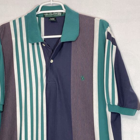 Knights of Round Table Mens XL Vintage Polo White Blue Green Stripes 90s Grandpa - Picture 5 of 13